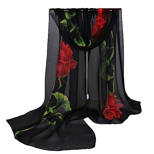 Women Fashion Long Soft Wrap Shawl Rose Flower Printed Sheer Chiffon Scarf