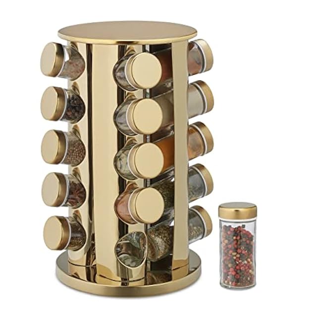 Spice Rack, 20 Glass Jars, Rotatable, Stainless Steel, H x D: Approx. 33.5 x 23 cm, Gold