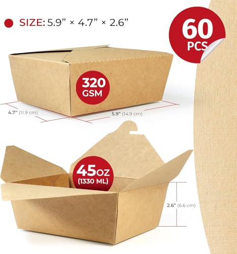 image for SPARGOS Chinese Takeout Storage Containers (60 Pack) 45oz - Kraft Brow