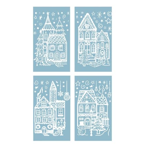 Christmas Village Stickers - 4-Piece Decorative Festive Village Sticker | Home Christmas Decorations for Wall, Glass, Coffee Sho