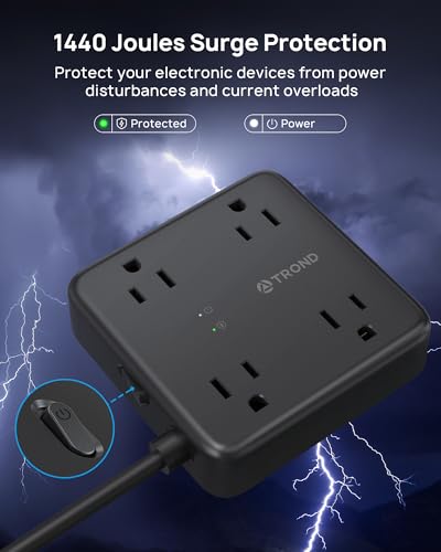 Image of TROND Surge Protector Power Strip with USB Ports, 5ft Flat Plug Extension Cord with Multiple Outlets, 1440J, Wall Mount for Home Office Dorm Room Essentials, Black