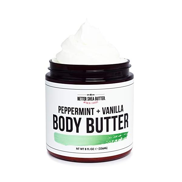 Peppermint-Vanilla-Whipped-Body-Butter-Hydrating-Cream-for-Dry-Skin-with-Shea-Butter-Scented-with-100-Pure-Essential-Oils-Paraben-Free-Non-Greasy-No-Synthetic-Fragrances-8-oz Better Shea Butter Whipped Body Butter for Women - PEPPERMINT VANILLA Body Lotion - Whipped Body Cream for Dry Skin - Paraben-Free, Non-Greasy Body Cream - Vanilla Peppermint Body Butter 8 oz