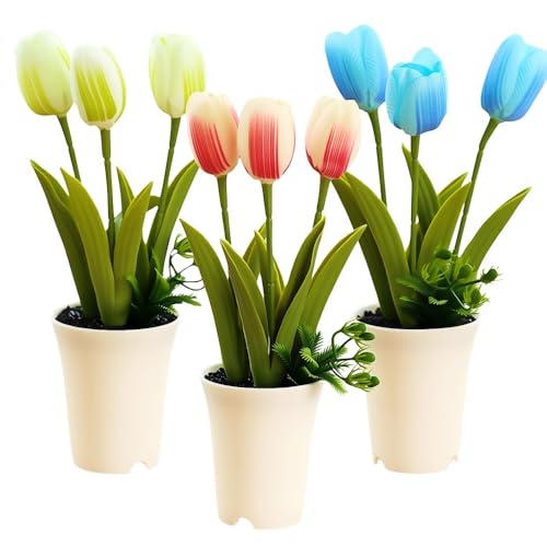 Aisamco 3 Piezas Flores Artificiales en Maceta Pequeñas Plantas Falsas en Maceta Blanca Mini Tulipanes Artificiales para Baño Hogar Oficina Escritorio Mesa Decoración de Estante Interior