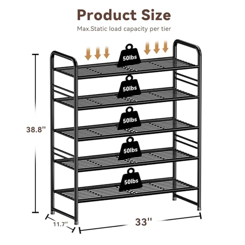 Image of Standard Shoe Rack 5-Tier 32.5 Inches Wide, Free Standing Shoe Organizer for Indoor Outdoor | Adjustable Heavy-Duty Metal Shelf Ideal for Home Entryway Closet & Garage Balcony | Black