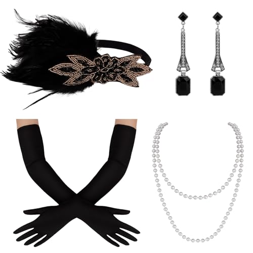 Wecoe 1920s Flapper Accessories Set for Women - 6Pcs Including Feather Headband Pearl Necklace Gloves & Earrings - Vintage Costume Jewelry