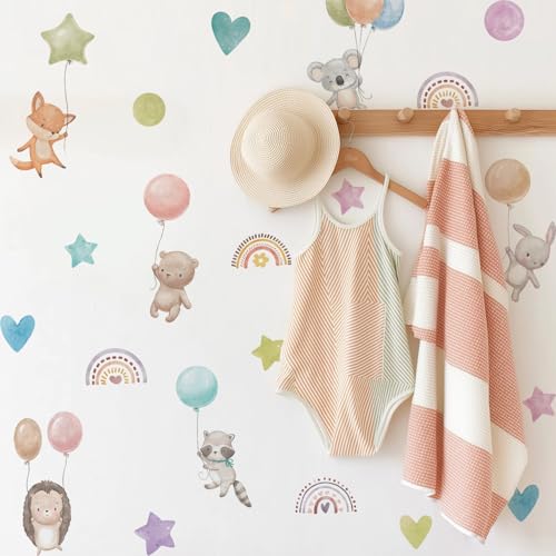 funlife 72 PCS Watercolor Rainbow Wall Decals Peel and Stick, Wall Decals for Girls Bedroom, Animals and Rainbows
