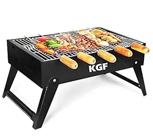 KGF Table Top Portable Foldable Charcoal Barbecue Grill With Grill, Skewers, Glove And Tong Color - BLACK - For Camping, Picnic, Outdoor, Camping Picnics, Beach Backyard