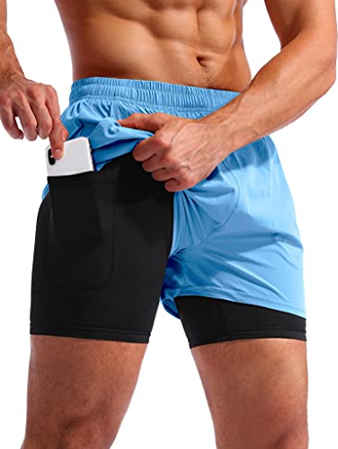 Image of Pudolla Men's 2 in 1 Running Shorts 5 inch Quick Dry Gym Athletic Workout Shorts for Men with Phone Pockets