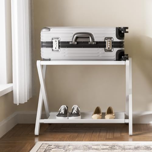 HITNET Kofferständer Klappbar 2er pack, Weiß Gepäckablage Faltbar aus Bambus für Gästezimmer, Kofferablage mit Stoffablage, platzsparender Kofferhocker für Hotel und Schlafzimmer