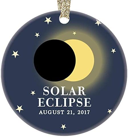 Solar Eclipse Ornament August 21 2017 North America Total Partial Sun Moon Totality Christmas Tree Gift Idea 3" Flat Circle Porcelain Ceramic Ornament Keepsake Present Gold Ribbon & Gift Box OR00322