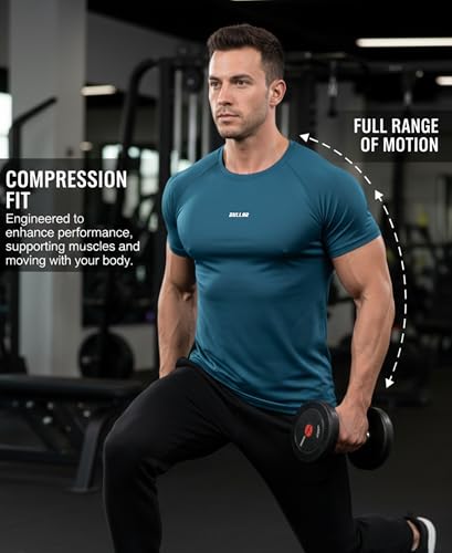 Image of BULLAR Men's Polyester Blend Compression T-Shirt, Half Sleeve Athletic Sports Tight, Crew Neck, Slim Fit, Black, for Fitness and Workout