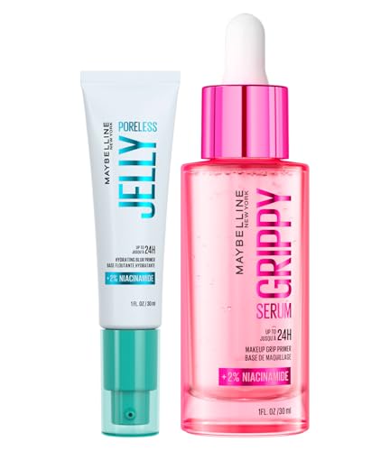 Maybelline New York Primer Base Trucco a Lunga Tenuta 24h Grippy Serum Idratante Rimpolpante 30ml + Poreless Jelly Levigante Minimizza i Pori con Niacinamide 30ml - Set da 2