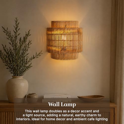 Image of Habere India-All the Cultures Fabricating India Cane Wall Lamp | Rattan Wall Light for Bedroom & Living Room | Decorative Wall Mount Lamp (L22 x W12 x H24 cm)