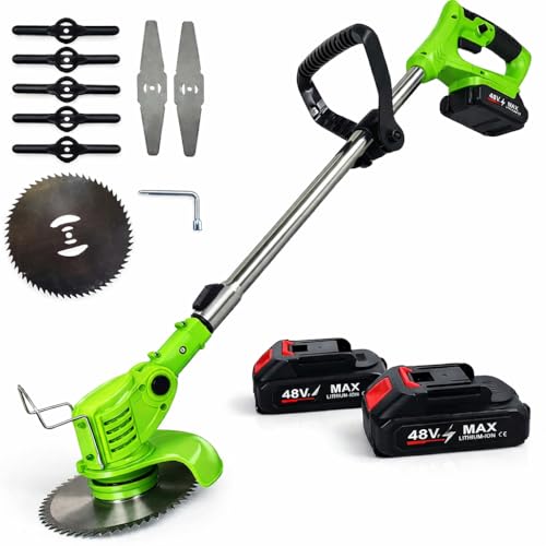 Decespugliatore Elettrico a Batteria, 2 Batterie 48V Max, Garanzia Post Vendita Tagliabordi Leggero e Potente per Giardino, Lama Regolabile, Silenzioso, Facile da Usare
