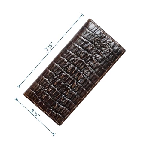 Genuine Leather Bifold Long Wallet for Men, Retro Vintage Embossed Clutch with Zipped Coin purse & Credit card Slots. RFID Blocking. Crocodile Tail- Coffee4