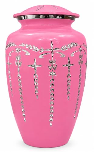 Image of ALPHA Living HOME Adult Cremation Urn for Human Ashes, Durable Aluminum Memorial Funeral Urn with Secure Screw-Top Lid, Dignified Decorative Urn for Loved Ones, Pink