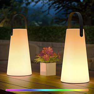 2 Pack Outdoor Lanterns, GGII Rechargeable Cordless Outdoor Table Lamp with IP44 Water-Resistant, Battery Operated Portable Hanging Outdoor Lamp RGB Colors for Patio Balcony Garden Camping Dining(TPU)