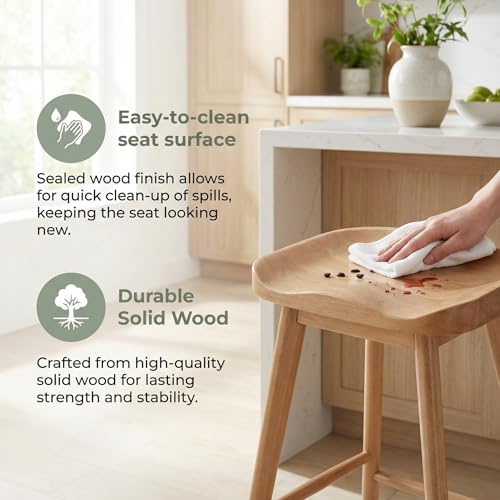 Image of HNY Backless Counter Height Bar Stools Set of 2, 24'' Rustic Farmhouse Wooden Saddle Stools Ergonomic-Seat Bar Chairs, Bar Height Barstools for Kitchen Counter Island, Brown