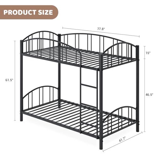 Garvee Bunk Bed Twin Over Twin with Ladder and Arched Guardrail, Heavy Duty Bunkbeds Frame with Sturdy Steel Slats Support for Kids Boys Girls, Space-Saving, No Box Spring Needed, Black