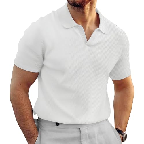 Men Waffle Casual Breathable T-Shirt Solid Lapel Thin Slim Fit Polo Shirts Summer Classic Comfy Street Crochet Tops (White,3X-Large)