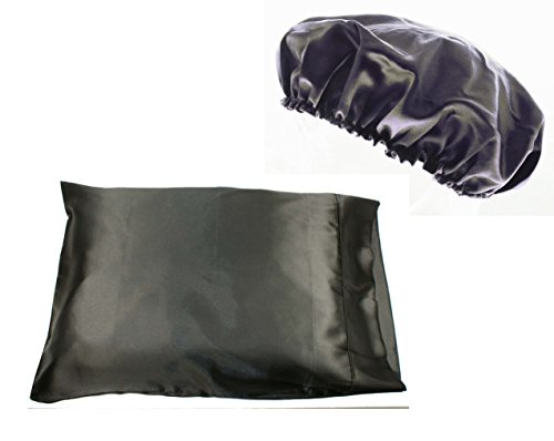 LJL Design 1pc Queen/Standard Silk~y Satin Pillow Case with 2pc Matching Bonnet Set (Black)