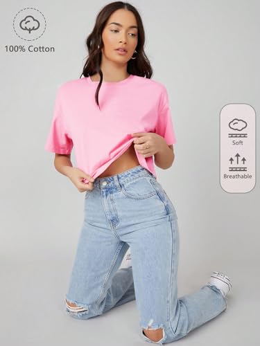 Image of KOTTY Women's Solid Cotton Blend Oversized Crop T-Shirt | Casual Summer Tee