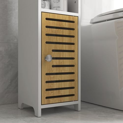 kleankin Armario de Baño Moderno Columna Auxiliar de Baño Mueble de Suelo de Baño con Estantes 1 Puerta y Portarrollos de Papel para Dormitorio Sala 18x20x90 cm Blanco y Roble - imagen 9