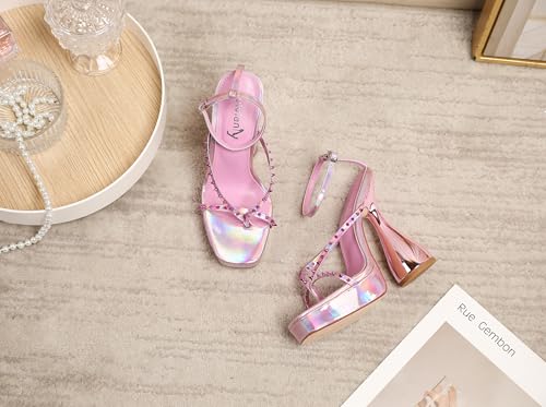 Image of vivianly Women's Square Toe Platform High Heels Ankle Strap Chunky Block Heeled Sandals