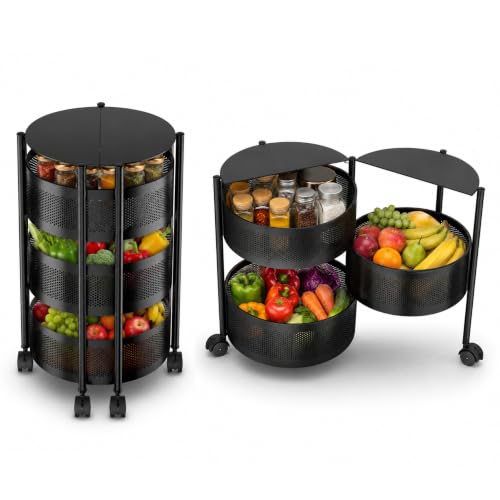 Image of JD FRESH 3 Tier Metal Rotating Kitchen Trolley /360-Degree Rotating Wheels with Expandable Side Opening Design /Movable Butterfly Trolley and Storage Shelf for Kitchen, Livingroom or Bathroom (Black)