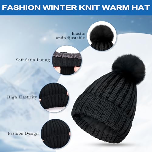 Winter Beanie Hat Scarf Gloves Set for Women Knit Touchscreen Gloves with Warm Pom Pom Satin Lined Hat Long Knit Scarf 3 In 12