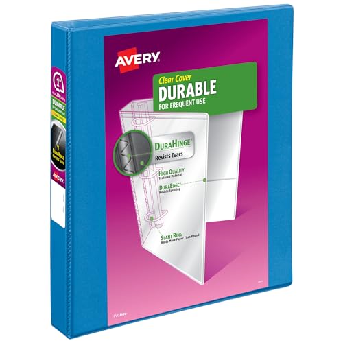 Avery Durable View 3 Ring Binder, 1 Inch Slant Rings, 250-Sheet Capacity, DuraHinge, 1.4 Inch Wide Spine, Customizable Clear Covers and Spine, 1 Pool Blue Binder (17831)