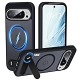 Google Pixel 10/10 Pro 用 ケース 360°回転スタンド 付き MagSafe 対応【横縦両立・角度自由調整】内蔵インビジブルスタンド 指紋防止 半透明マット TPU+PC 黄変防止 ワイヤレス充電対応 耐衝撃 マグネット搭載 車載ホルダー Pixel 10/10 Pro カバー 6.3 インチ (ブラック)