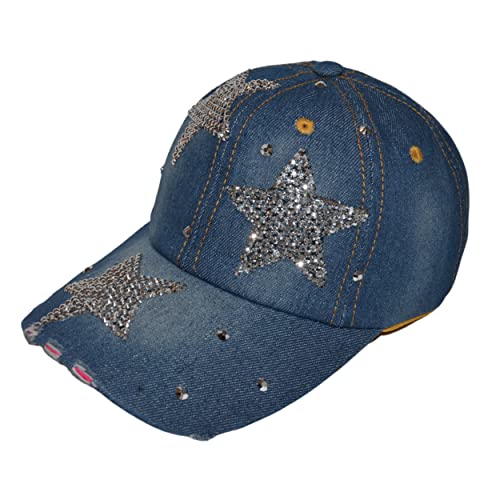 Popfizzy Star Hat For Girls And Women, All-Star Bling Hat, Bedazzled Star Baseball Caps, Distressed Denim Hat, Bejeweled Hat With Bling Stars, Great Gift For Any Superstar Or Allstar #TOP2