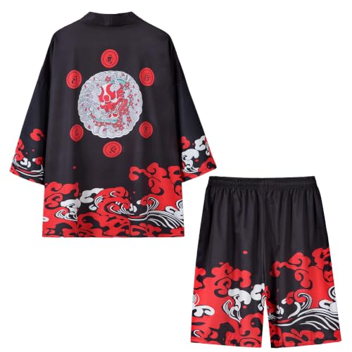 Image of PRIJOUHE Mens Kimono Set Japanese Haori & Shorts 2 Piece Summer Outfits