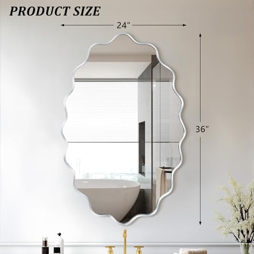 Image of Oval Wavy Wall Mirror -Irregular Wall Mirror with Silver Asymmetrical Aluminum Alloy Frame,22 inchx30 inch Decorative Wall Mirrors for Bathroom, Bedroom, Living Room, Dining Room，Entryway