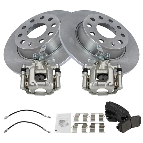 Image of TRQ Rear Brake Pad and Rotor Set Ceramic Calipers Compatible with 2010-2013 Audi A3 2010-2013 A3 Quattro 2012 Volkswagen Beetle 2011-2016 Eos 2010-2014 Golf 2012-2013 GTI Jetta 2012-2015 Passat