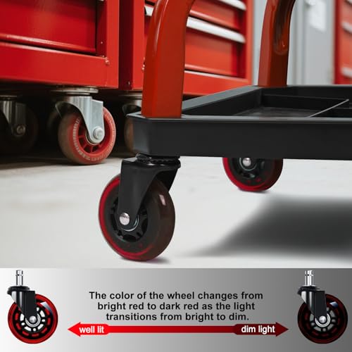 Image of Rolling Stool with Red Wheels, Heavy Duty Garage Work Mechanic Rolling Shop Stool with Backrest, Adjustable Height 360Swivel Roller Mechanic Chair with 2 Tool Trays, 330 LBS Capacity