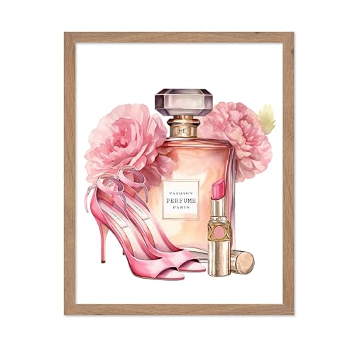 Image of Poster Master Pink Designer Print - Fashion Poster - Shoes, Lipstick & Perfume Art - Chic Gift for Women & Fashionista - Glam Decor for Bedroom or Girl's Room - 16x20 Beige Framed