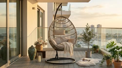 Image of UNIVERSAL FURNITURE Hanging Egg Swing Chair with Stand, Woven Wicker Rattan Style Swing with Cushion, Freestanding Indoor Outdoor Hanging Chair for Patio, Balcony, Garden & Porch (Beige Rope)