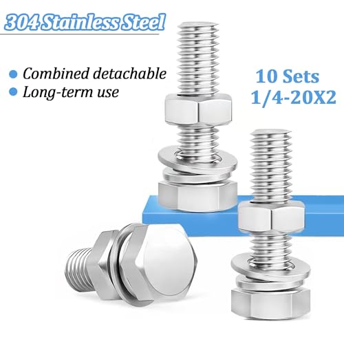 Image of 10 Sets 1 /4-20 x 2 Stainless Steel Hex Head Screws Bolts, Flat, Nuts & Lock Washers,Hex Bolts 18-8(304) Full Thread