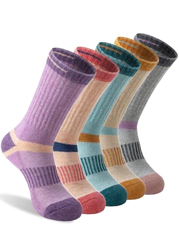 Men's Wool Crew Work Socks, 5 Pairs, Moisture Wicking Cushioned Boot Socks for Hiking, Running and Sports (US, Numeric, 8, 10, Regular, Regular, Women Mix)