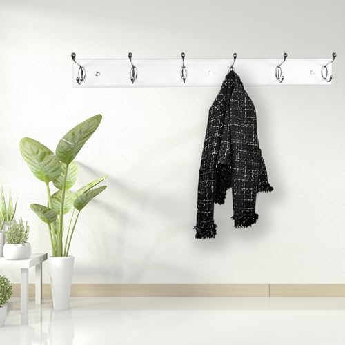 lomejii Long Wooden wall Mounted Coat Rack Wood White 6 Hooks, 70 cm, Sturdy Silver Coat Hook Rack for Clothes Hats, Bags - Image 3