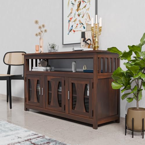 Image of WOODY Furniture Kitchen Crockery Cabinet Wooden | Solid Wood Sideboard Cabinet for Living Room | Solid Wood Storage Cabinet for Dining & Living Room | Sheesham Wood Console Table (Walnut Finish)