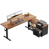 OffiGo 55 Inch L Shaped Electric Standing Desk with Drawers & File Cabinet Sets, Executive Sit Stand Desk, Height Adjustable Computer Desk for Home Office, Writing, Workstation, Walnut+Black