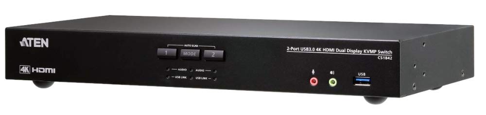 ATEN CS1842 2-Port True 4K HDMI Dual-View KVM Switch with Audio & USB 3.0 Hub, Black