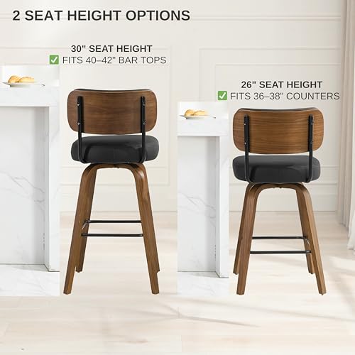 Image of Swivel Bar Stools Set of 2, 26 inch Upholstered Counter Height Bar Stools with Back and Oak Wood Legs, Linen Fabric Upholstered Barstools for Kitchen Counter, Linen Beige