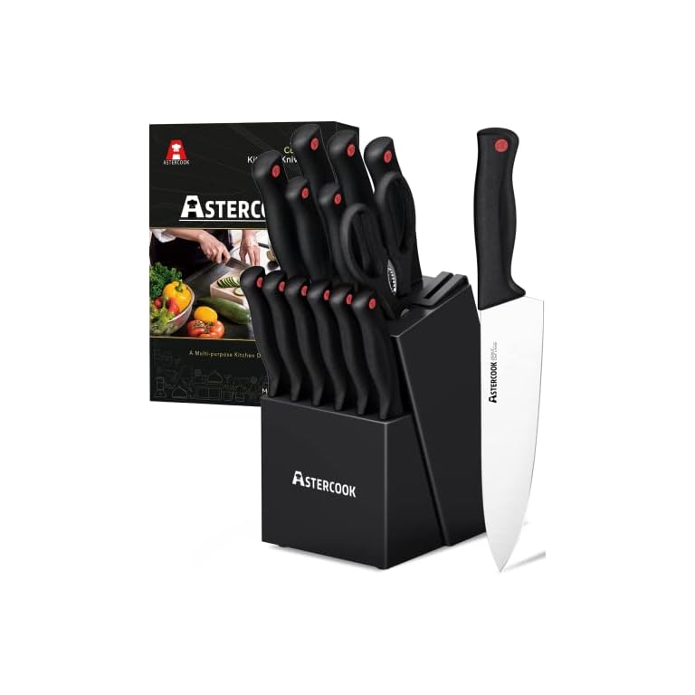 Astercook Knife Set with Built-in Sharpener Block, Dishwasher Safe Kitchen Knife Set with Block, 14 Pcs High Carbon Stainless Steel Block Knife Set with Self Sharpening and 6 Steak Knives, Black