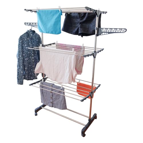 Etendoir Pliable sur roulettes - 3 Niveaux - Séchoir à Linge Acier - H145 cm - 10 cintres - 20 Pinces à linges - 2 Porte-cintres