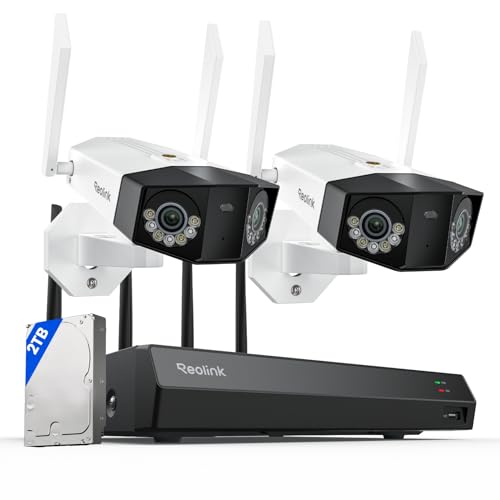 Reolink 16MP Camara Vigilancia WiFi Exterior con Doble Lente，Vista Panorámica de 180°，Trayectoria, Detección Inteligente, 4K 12CH Wi-Fi NVR para la Seguridad Doméstica, 2TB HDD, RLN12W + 2X Duo 3 WiFi