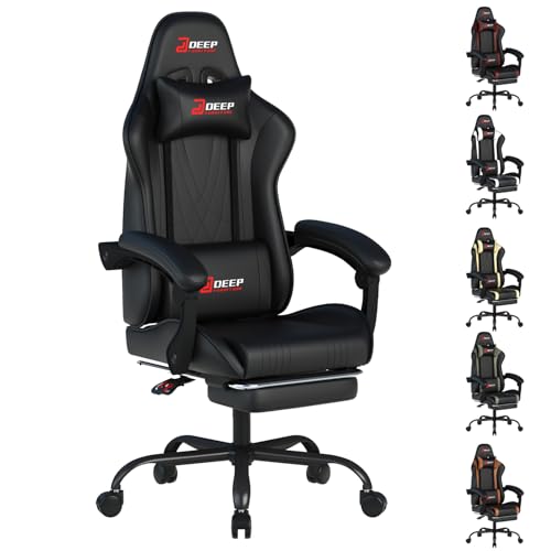 DEEPfurniture Ergonomic Gaming Chair with Footrest and Lumbar Massage, Racing Office Chair, High Back Computer Desk Chair with Headrest Pillow for Adults, Video Game Chair for PC Gamer (1001-Black)